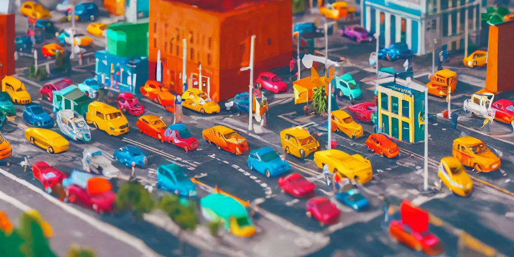 Image similar to paper craft diorama of a colorful city with people and cars