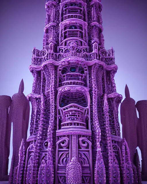 Image similar to detailed painting giant intricate tower structure carved out of complex bone with royal purple gems rendered in cinema 4 d octane