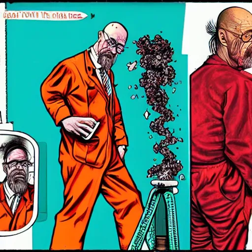 Image similar to The Artwork of R. Crumb and his Cheap Suit Breaking-Bad-Walter-White meth-lab, wearing a bio-hazard suit pencil and colored marker artwork, trailer-trash lifestyle