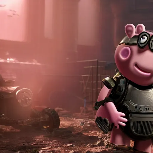 Image similar to Peppa pig in Gears of War, splash art, movie still, cinematic lighting, dramatic, octane render, long lens, shallow depth of field, bokeh, anamorphic lens flare, 8k, hyper detailed, 35mm film grain