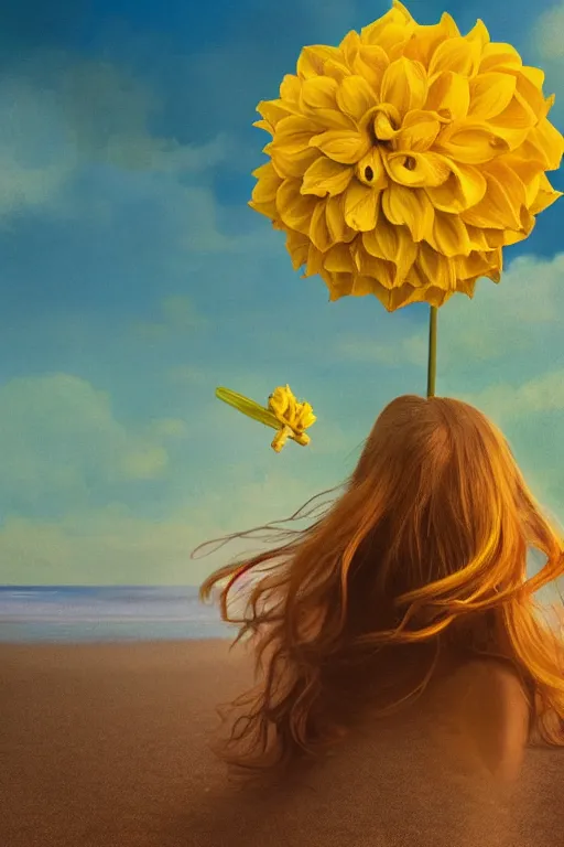 Prompt: closeup girl with huge yellow dahlia flower as a head, on beach, surreal photography, blue sky, sunrise, dramatic light, impressionist painting, digital painting, artstation, simon stalenhag