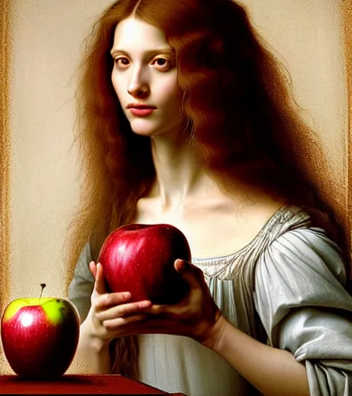 Image similar to portrait of a long - haired woman with an apple sitting upon a table with heightened detail, poised, intense emotion, detailed facial expression, detailed surroundings, intricate, elegant, highly detailed, centered, digital painting, artstation, concept art, smooth, sharp focus, illustration, by ( leonardo da vinci ), wlop