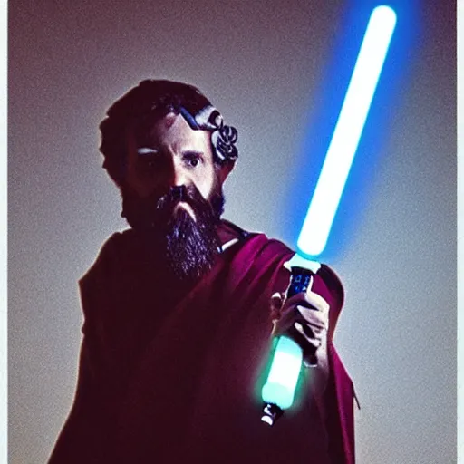 Image similar to Plato as a cyborg holding a lightsaber