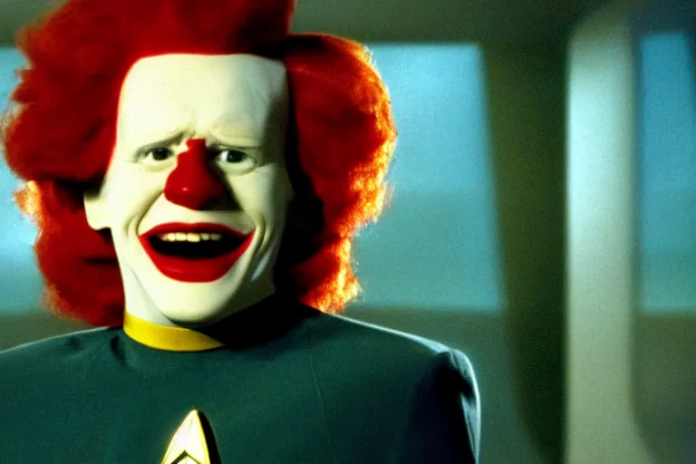 Prompt: A film still of Ronald McDonald in a Star Trek: The Next Generation, sitting in Ten Forward, dramatic lighting