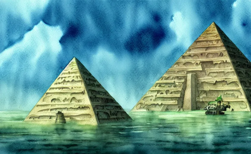 Prompt: a realistic and atmospheric cell - shaded watercolor concept art from howl's moving castle ( 2 0 0 4 ) of a futurist sci - fi city and an egyptian pyramid complex in a flooded rainforest. very dull muted colors, hd, 4 k, hq