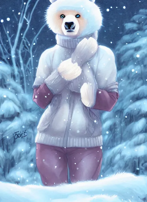 Image similar to award winning beautiful portrait commission art of a female furry anthro polar bear fursona with a cute beautiful attractive detailed furry face wearing cute stylish winter clothes at a comfy winter cabin at dusk by firelight. Character design by charlie bowater, ross tran, artgerm, and makoto shinkai, detailed, inked, western comic book art