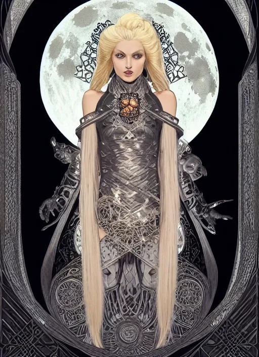 Image similar to symmetrical centered portrait, dark witch in front of the full big moon, blonde hair, intricate metal armour, Art Nouveau, beautiful retro Fantasy heroine 1985, intricate, elegant, highly detailed, centered, digital painting, trending on artstation, concept art, smooth, sharp focus, illustration, art by raphael lacoste, eddie mendoza, Mucha, alex ross, WLOP