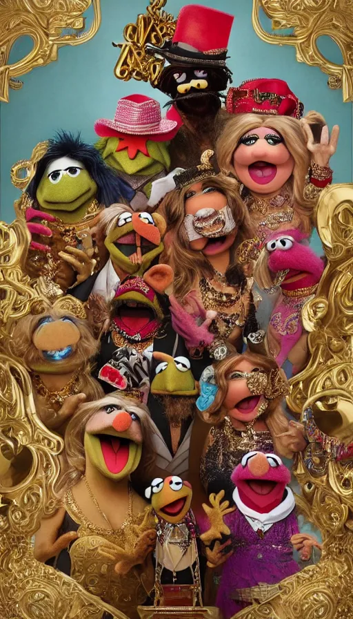 Prompt: the muppets are are gangsta rappers on stage at a concert, dressed in ornate hip hop clothing and wearing gold necklaces and bling, intricate, highly detailed, digital painting, artstation, symmetrical, concept art, smooth, sharp focus, illustration, unreal engine 5, 8 k, art by artgerm and greg rutkowski and alphonse mucha