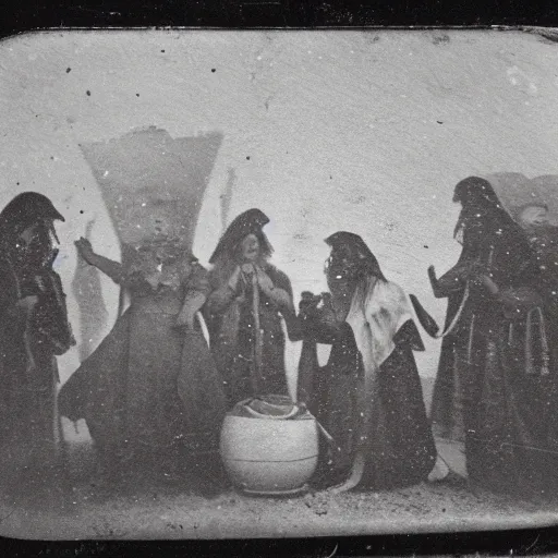 Image similar to 1800s daguerreotype of a group of people in occult costumes performing a ritual at night at stonehenge. a UFO is overhead