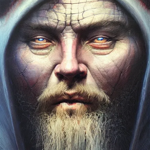 Prompt: a hyperrealistic acrylic portrait painting of a viking king by artgerm, beksinski and thomas kinkade. intricate details. believable eyes. front on, symmetrical. epic fantasy art.