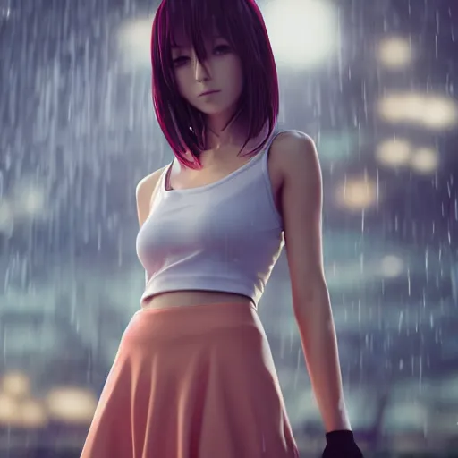 Prompt: beautiful anime woman in 3d style, wearing a skirt and a tanktop, perfect body, standing in the rain, high quality anime art, trending on artstation, 8K octane render