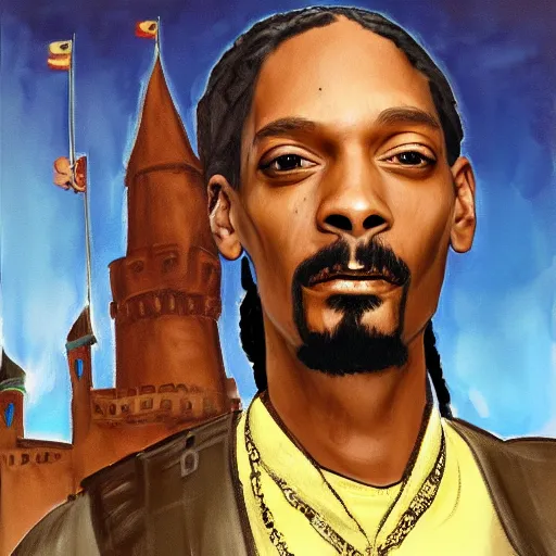 Prompt: Painting of Snoop dog in armor standing in front of a castle in style of Charlie Bowater