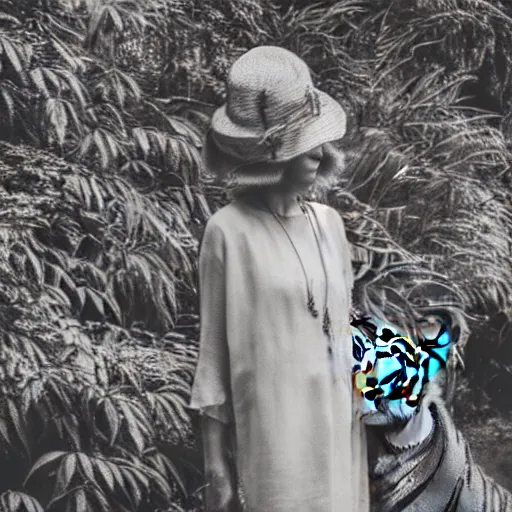 Image similar to woman from rising silent posing with a tiger in a garden, 1 9 2 0 s photography, trending on unsplash, black and white photography, intricately defined, complexly detailed, 4 k photorealism, golden ratio!!!!!, centered!!!!!