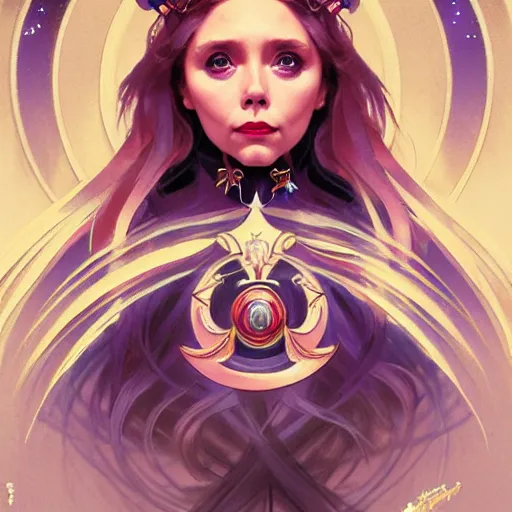 Prompt: Elizabeth Olsen as Sailor Moon, western, D&D, fantasy, intricate, elegant, highly detailed, digital painting, artstation, concept art, matte, sharp focus, illustration, art by Artgerm and Greg Rutkowski and Alphonse Mucha