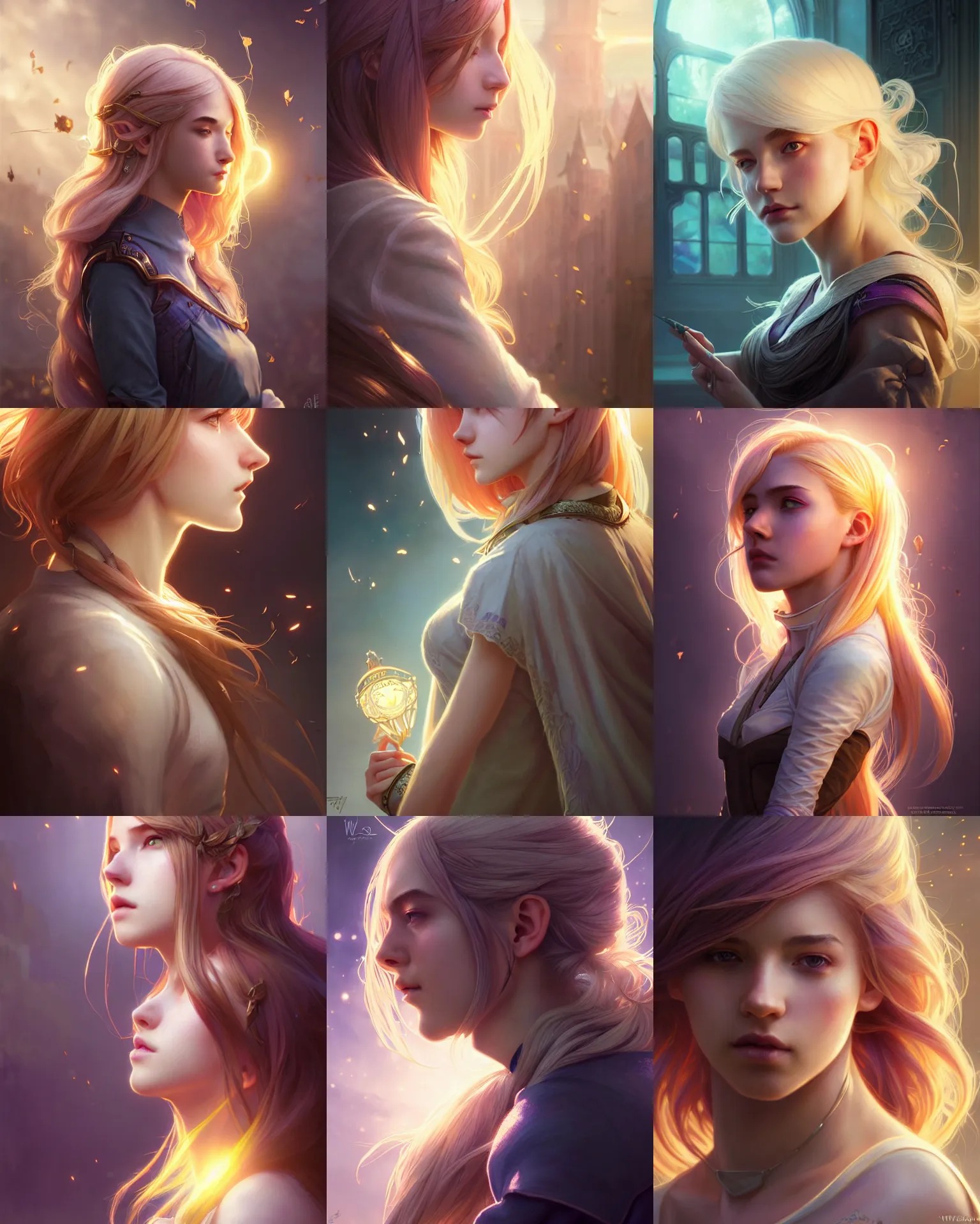 Prompt: side portrait of a university young female, magic school, light colored hair, cool hair style, fantasy building, intricate, sharp focus, lens flare, bloom, rim light, illustration, highly detailed, digital painting, concept art, matte, art by wlop and ross tran and artgerm and greg rutkowski and alphonse mucha, masterpiece