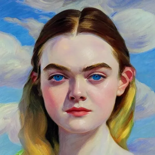 Image similar to professional painting of Elle Fanning in the style of Joaquin Sorolla, head and shoulders portrait, symmetrical facial features, smooth, sharp focus, illustration, intricate, stormy weather, extremely detailed masterpiece,