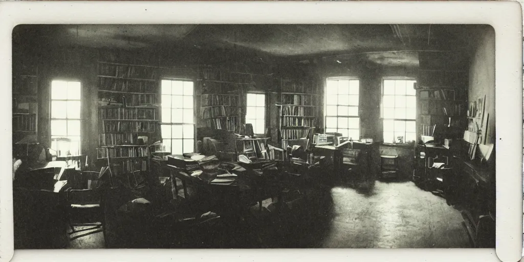 Image similar to 1880, inside a writer room, many books, piles of books, beautiful light, long shadows, 50 mm lens, polaroid photo, yellowed, crackles, scratches, dust, stains