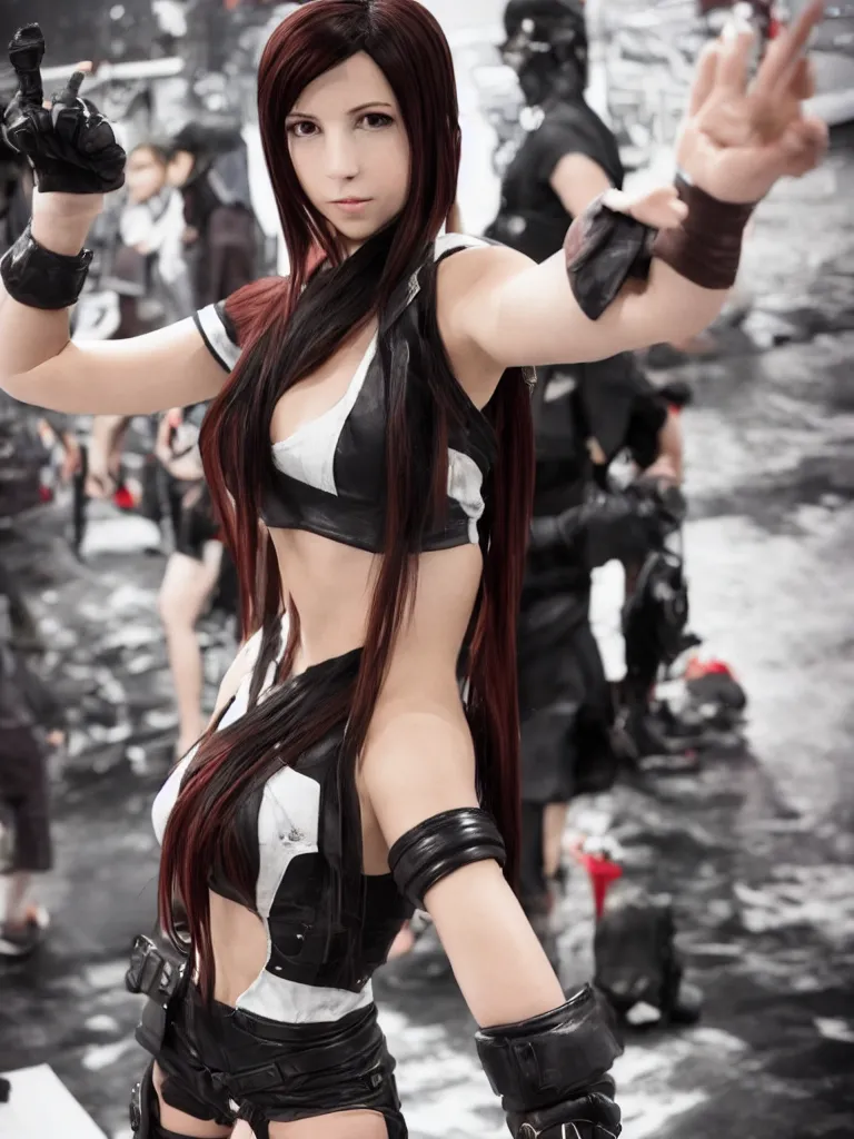 Image similar to a photo of a cosplay of Tifa from final fantasy 7 remake at ComicCon, very detailed, studio lighting, award winning, full body with legs, full legs, shot on 16mm film, shot on red 6k camera, 8k, with feet