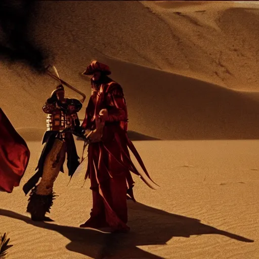 Prompt: a man dressed as a pirate and a knight in the desert, film still, cinematic composition