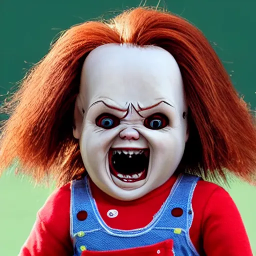 Image similar to cute little screaming chucky doll playing tennis