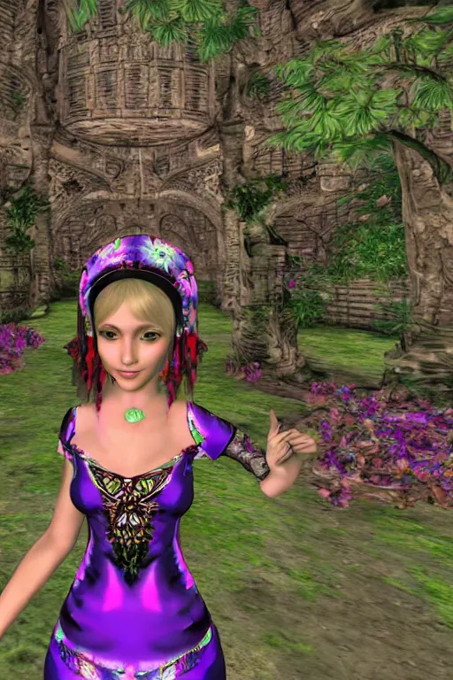 Image similar to cute female forest spirit wearing ornate floral cybernetic mughal valentino resort dress in a 3 d psx ps 2 jrpg style, esoteric scifi magical alien ruins ritual environment, fashion gameplay screenshot, highly detailed