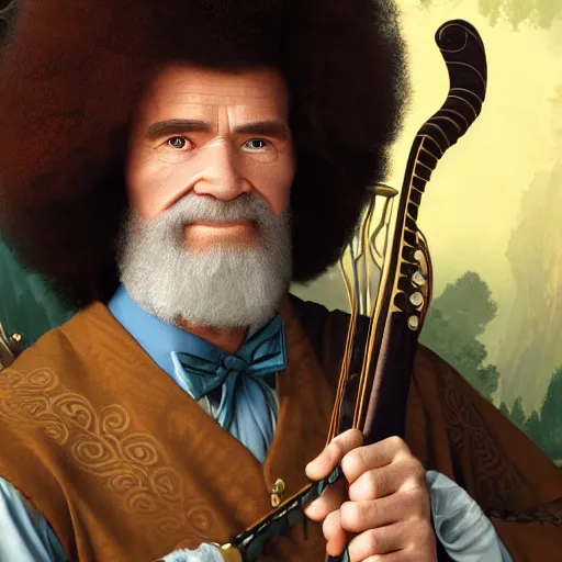 Prompt: an ultra detailed vector image of bob ross dressed as a fantasy bard, d & d, epic fantasy, concept art by alphonse mucha and greg rutkowski, octane render, 8 k, detailed face