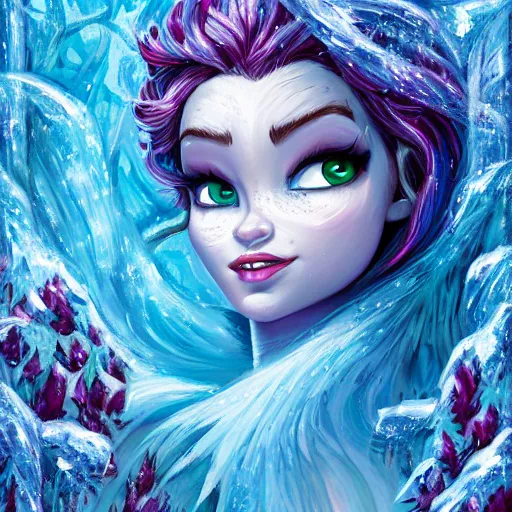 Image similar to dan mumford paint, a fantasy elf woman trapped and frozen trying to get out of a block of clear ice, with frozen flowers around her