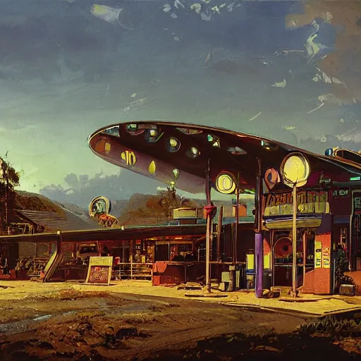 Prompt: painting of syd mead artlilery scifi gas station with ornate metal work lands on a farm, filigree ornaments, volumetric lights, purple sun, andreas achenbach