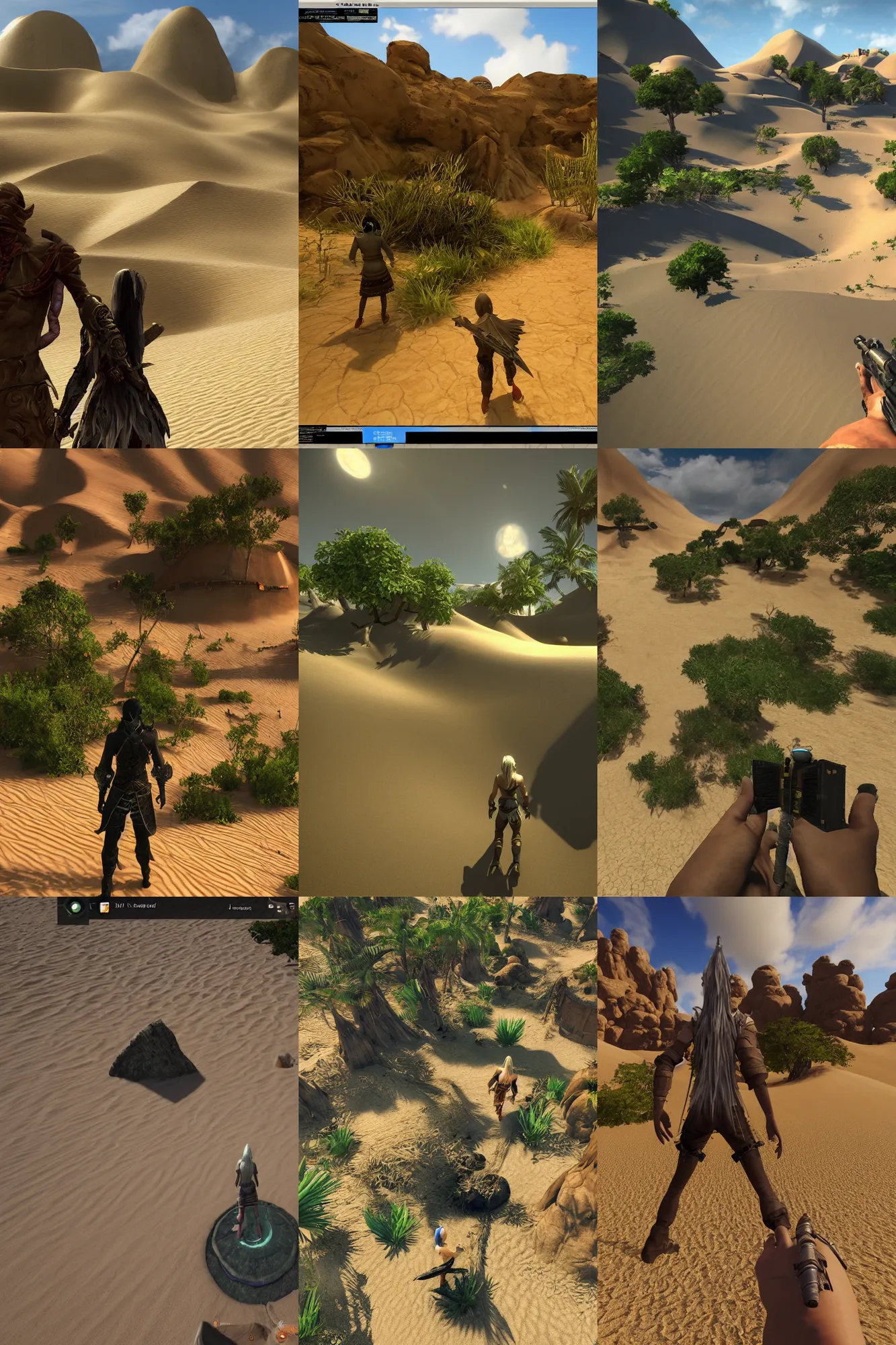 Prompt: gameplay walkthrough 3 rd person adventure game arriving at the amazing spiritual alien village in the lush oasis of a vast flat empty sand desert with dunes, screenshot, final fantasy, square enix, jrpg, unreal engine, next gen graphics, rtx, cutscene, path tracing, high fidelity, particle effects, nvidia, physics simulation