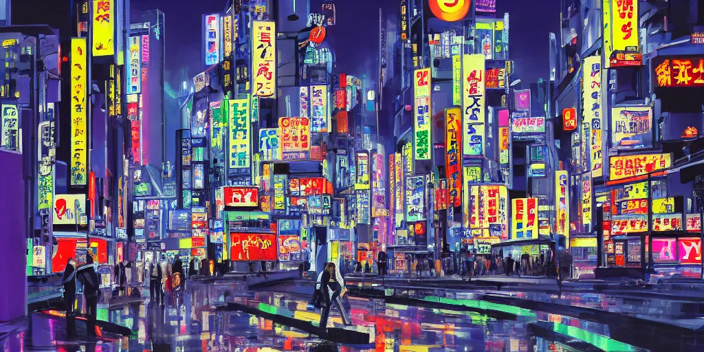 Prompt: tokyo japan cityscape with a man watching from a rooftop. the city is full of bright, neon lights and towering skyscrapers, with a dark and gritty atmosphere, more significant buildings and signs on billboards like joker cards and brands, more neon lights purple and yellow, sharp, high res, procreate painting