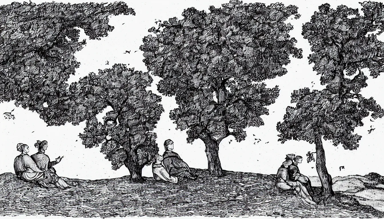 Image similar to a couple sits together on a large hill while wind blows the trees, pen and ink, 1 5 0 0 s, 8 k resolution