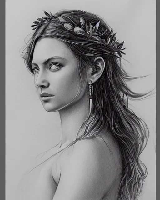 Image similar to pencil drawing of a beautiful greek goddess aphrodite wearing a laurel wreath and arrowhead earrings, beautiful confident eyes, beautiful flowing hair, hyper realistic face, in the style of greg rutkowski, fantasy, amazing detail, epic, elegant, smooth, sharp focus, from the front, long shot