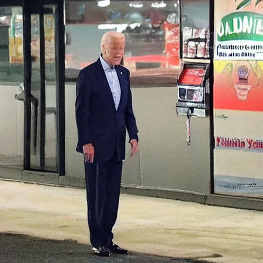 Image similar to joe biden is lost and standing in a 7 - 1 1 parking lot at 2 am looking confused