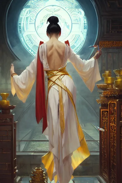 Image similar to temple, taoism, painting by greg rutkowski, j. c. leyendecker, artgerm