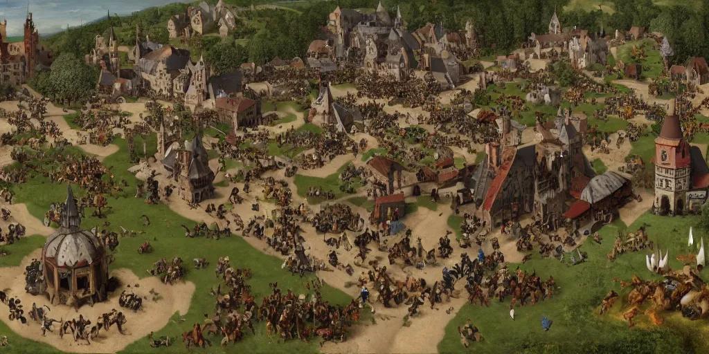 Prompt: RTS gameplay third person in style of Brueghel, painting, Stronghold strategy gameplay, high detailed, fantasy, medieval, buildings, castle, armored units, RPG, high contrast, octane render