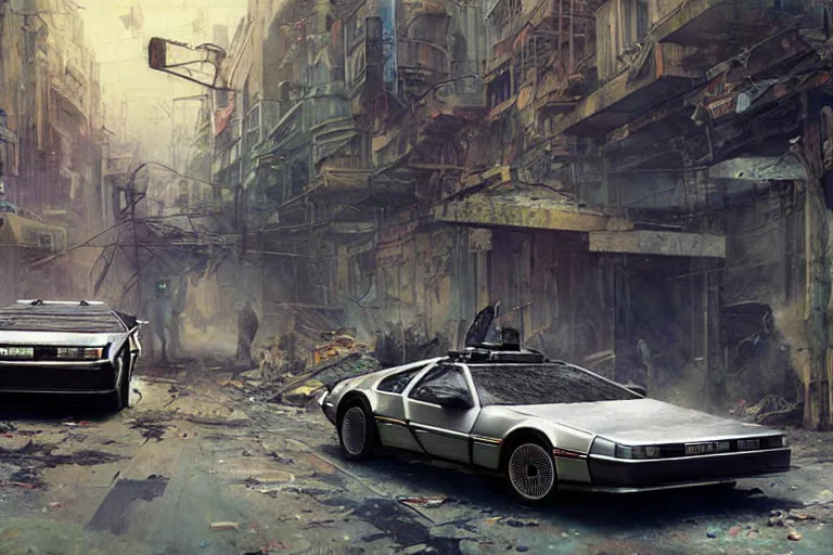 Image similar to photograph of the delorean driving down the streets of a cyberpunk abandoned city, by greg rutkowski, by stanley artgerm, by alphonse mucha