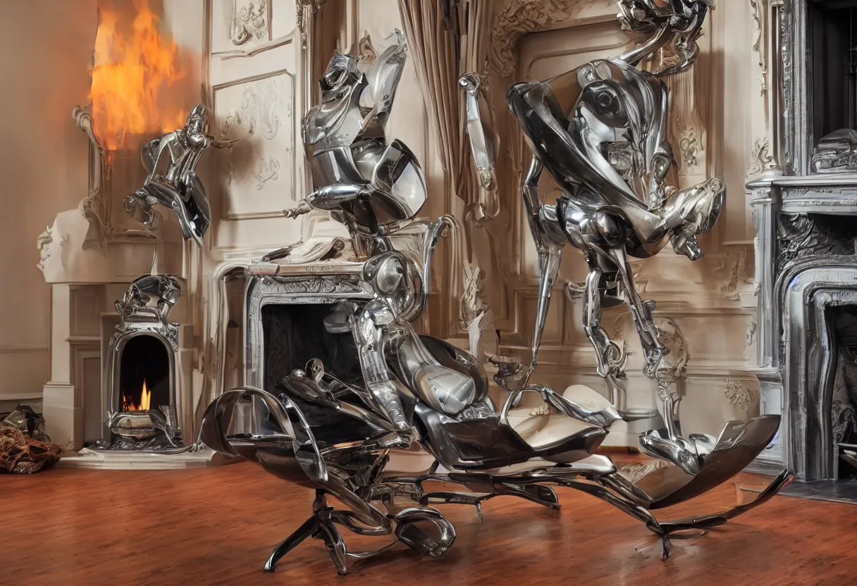 Prompt: Extreme close up photograph of a futuristic robot reclining on a 1950s fainting chair in front of a single beautiful fireplace in a pristine traditional Victorian home, by Simon Stalenhag