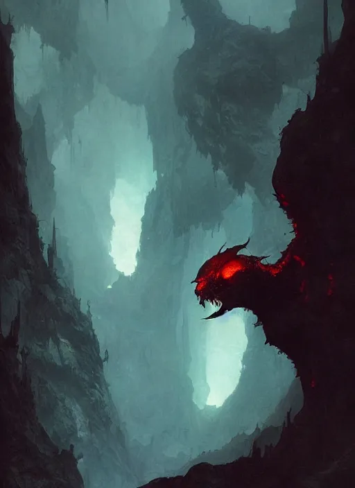 Image similar to looking up at a balrog in a vast cavern, intricate, elegant, highly detailed, john park, frazetta, sparth, ruan jia, jeffrey catherine jones