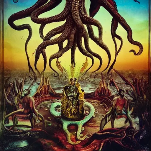 Image similar to invoking ritual of a cthulhu in a large landscape, art by david lachapelle, photography by annie leibovitz