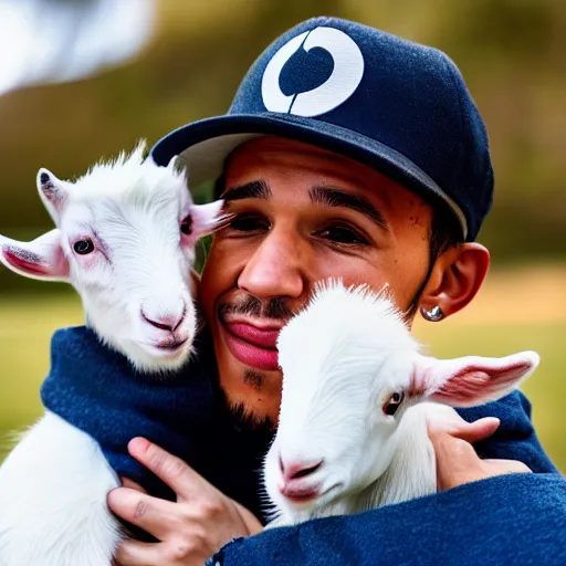 Prompt: lewis hamilton holding a baby goat, ( sony a 7 r iv, symmetric balance, polarizing filter, photolab, lightroom, 4 k, dolby vision, photography awardm, voque, perfect face )