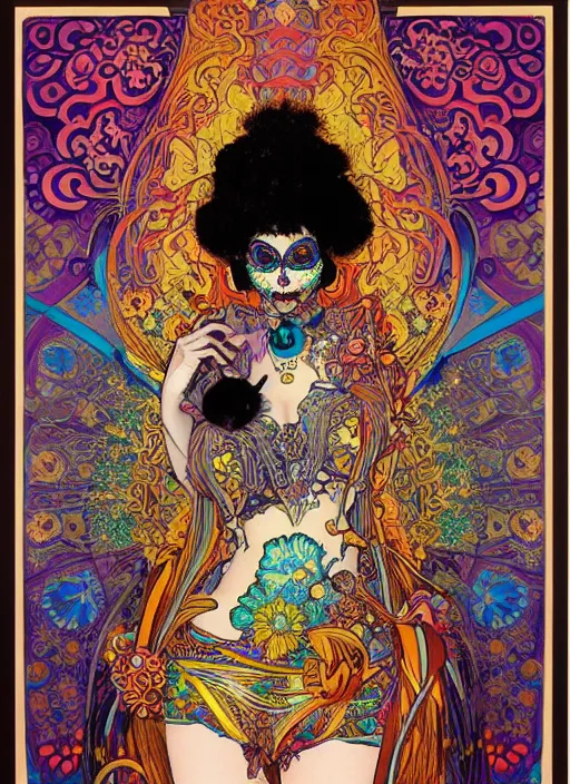 Prompt: psychedelic poster art of a cute punk goth fractal mandelbrot Día de los Muertos tattooed girl posing by Victor Moscoso Rick Griffin Alphonse Mucha Gustav Klimt Ayami Kojima Amano Charlie Bowater, masterpiece