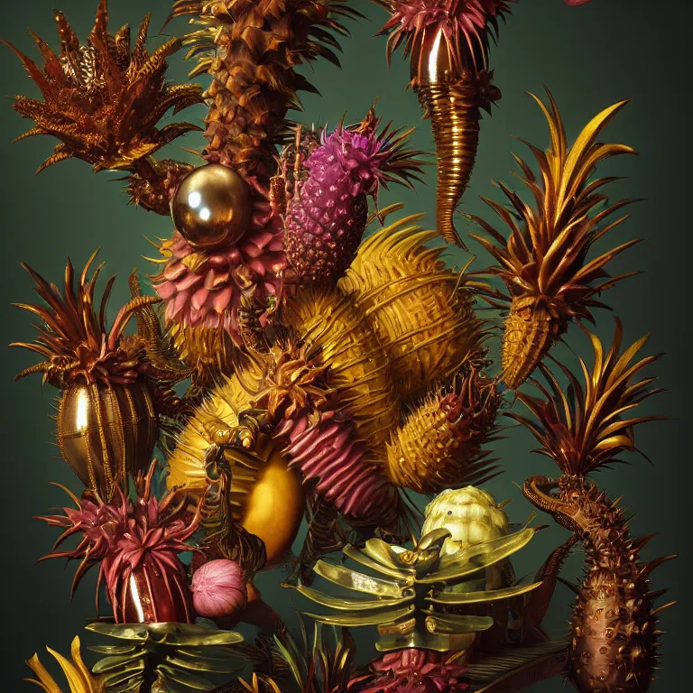 Prompt: still life of surreal alien tropical flowers, surreal alien spiky tropical fruit, metallic glossy shiny human spine, baroque painting, beautiful detailed intricate insanely detailed octane render, 8K artistic photography, photorealistic, chiaroscuro, Raphael, Caravaggio