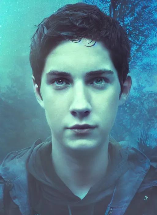 Prompt: portrait of Logan Lerman as Percy Jackson, magical, forest, sunset, blue mist, symmetrical face, large eyes, pale, hyper realistic, digital art, octane render, trending on artstation, artstationHD, artstationHQ, unreal engine, 4k, 8k