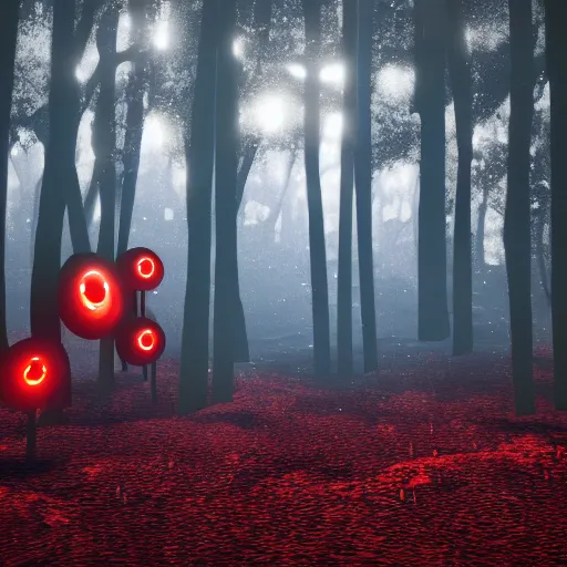 Image similar to An octane render of many pairs of red glowing eyes in a dark forest