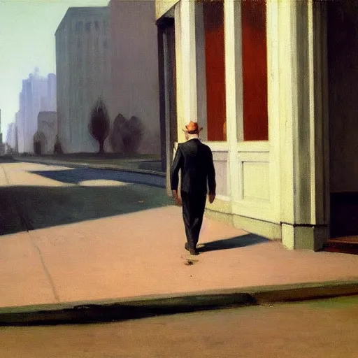 Image similar to oil painting of a man wandering the abandoned streets of an overgrown city, edward hopper.