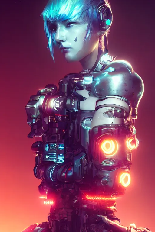 Image similar to beautiful portrait of a cyborg mercenary girl, art by wlop, liam wong, cyberpunk, neon, combat armor, head and shoulders, intricate details, trending on artstation, sharp focus, caustics, octane render, radiant light, 4 k