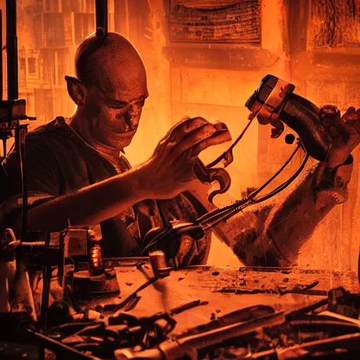 Image similar to half rusted old egg beater half stun - gun, balding older cyborg repairing, red hot soldering iron, dark messy smoke - filled cluttered workshop, dark, dramatic lighting, orange tint, cinematic, highly detailed, sci - fi, futuristic, movie still from blade runner