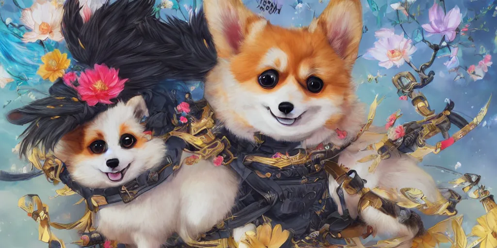 Prompt: highly detailed anime painting of a fluffy corgi ninja god, by Anna Dittmann and Hikari Shimoda , trending on Artstation, 8k, masterpiece