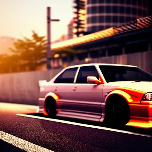 Image similar to a car drifting JZX100 on Ebisu Circuit, Shibuya prefecture, city sunset, cinematic color, photorealistic, highly detailed, bokeh, DOF, octane render