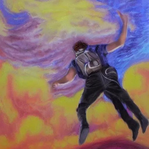 Image similar to arab man with long curly hair skydiving, pastel colors, oil painting, dreamy